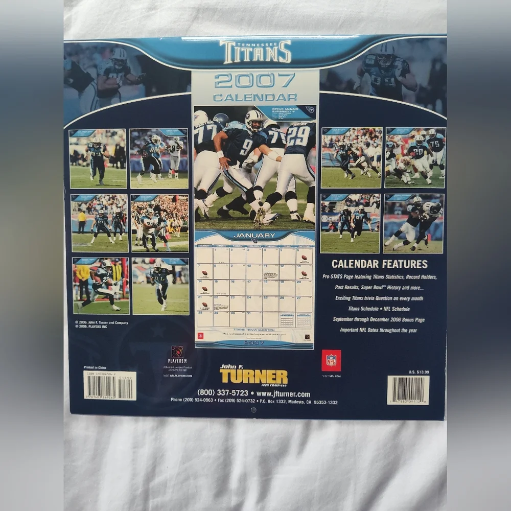 Vtg. 2007 Tennessee Titans 12 Month Calendar. 12 X 12